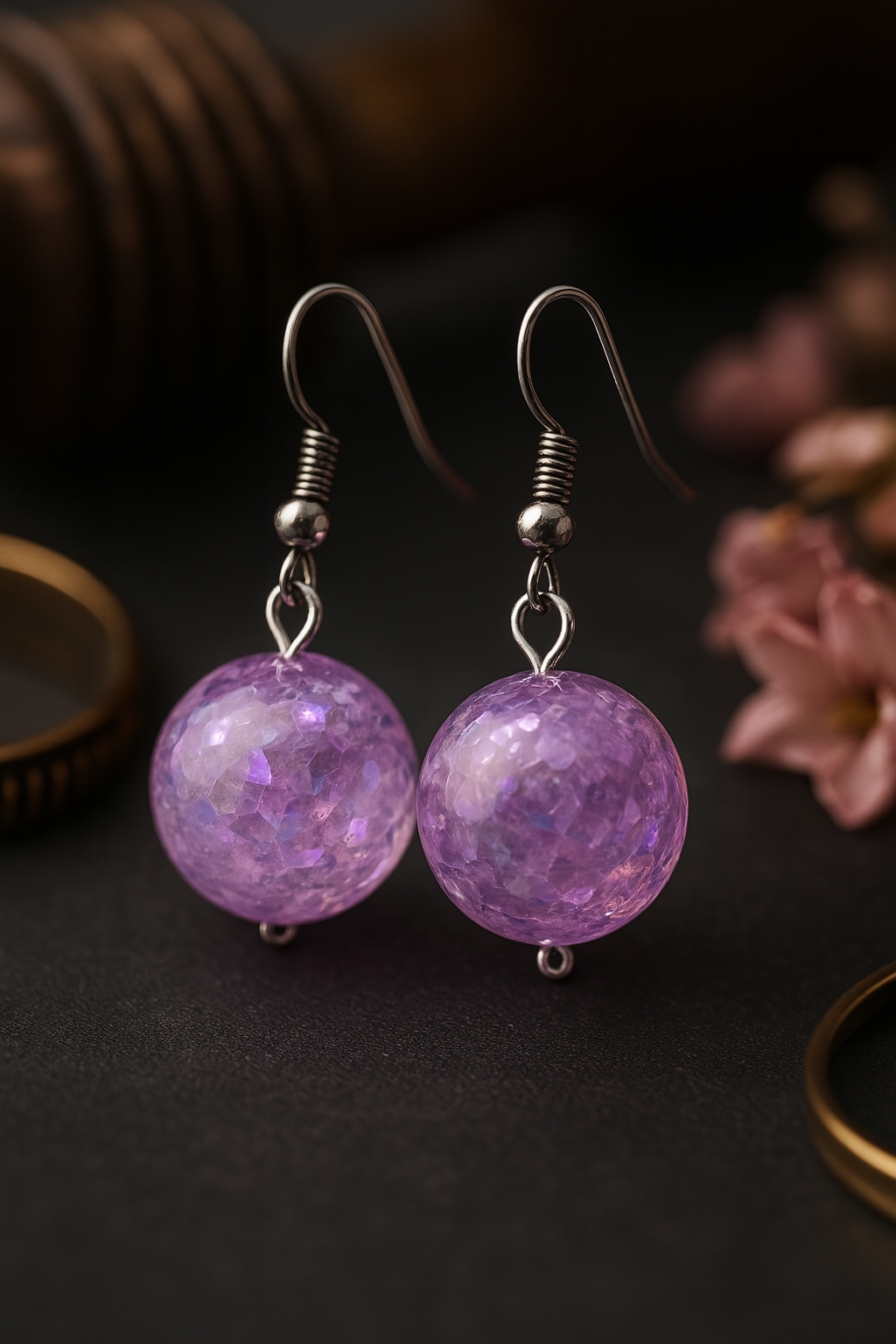 Sparkly violet drop earrings crafted with iridescent resin spheres for women