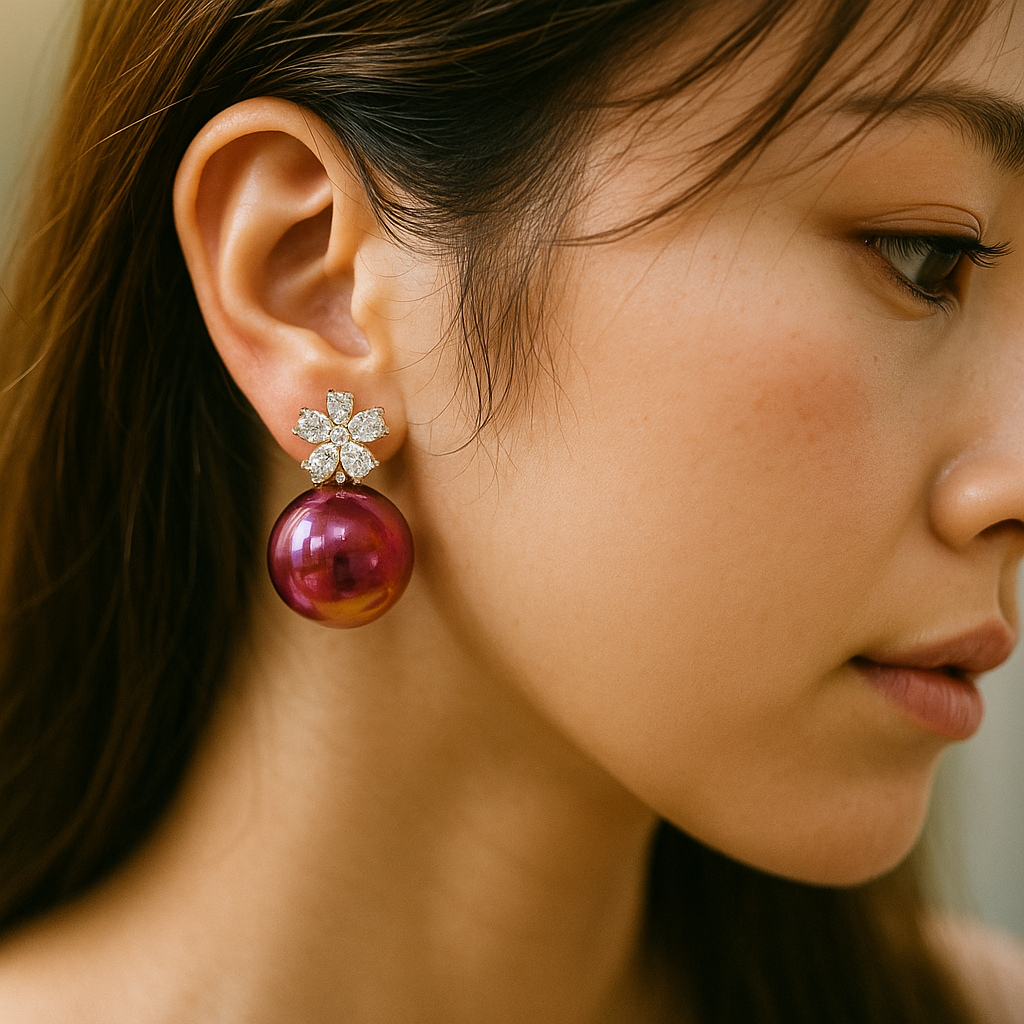 Statement red pearl earrings with diamond-cut floral studs and anti-tarnish coating for women