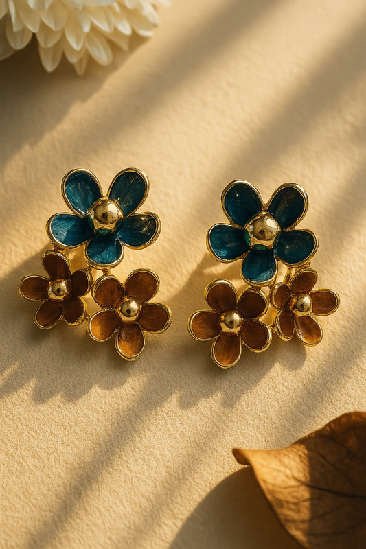 Gold-tone three-flower stud earrings with teal and brown enamel petals – statement floral jewelry for women