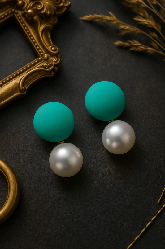 Teal matte round stud earrings with pearl drops – bold and modern handmade earrings for women