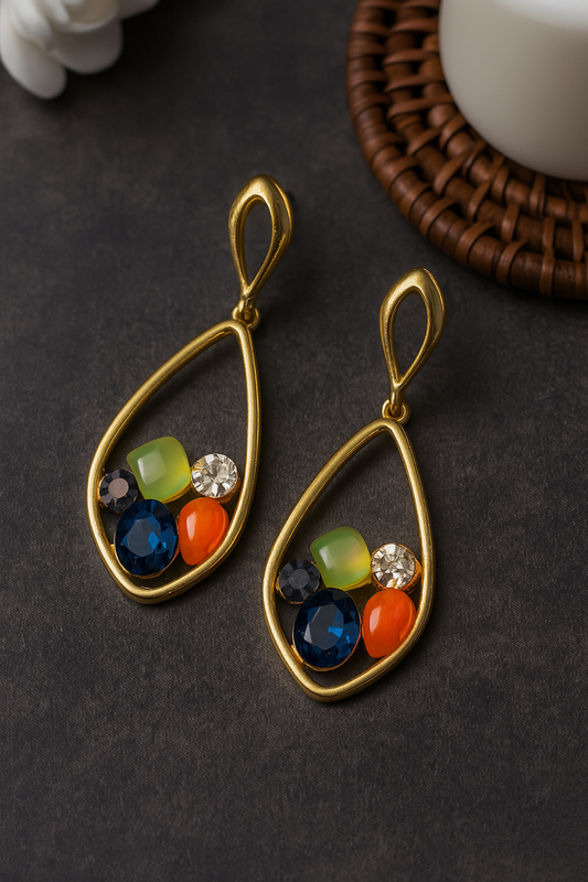 Teardrop-shaped gold earrings with multicolor gemstones including blue, green, orange, and crystal accents, vibrant festive jewelry
