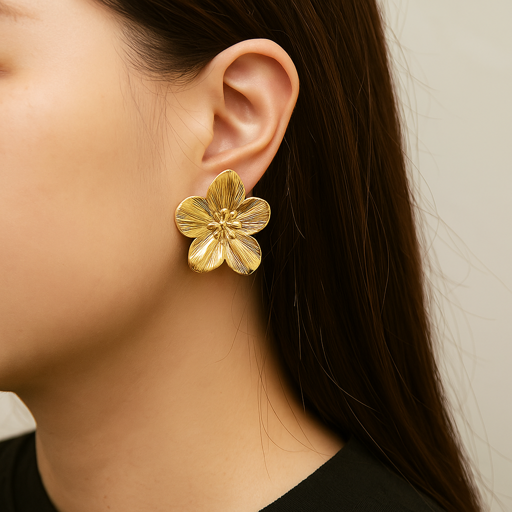 Textured gold-tone flower stud earrings – handcrafted metal alloy jewelry for women
