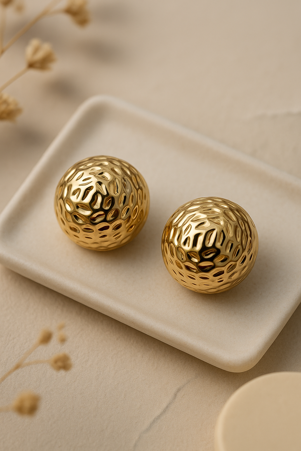 Textured gold sphere stud earrings, hammered dome shaped jewelry for women
