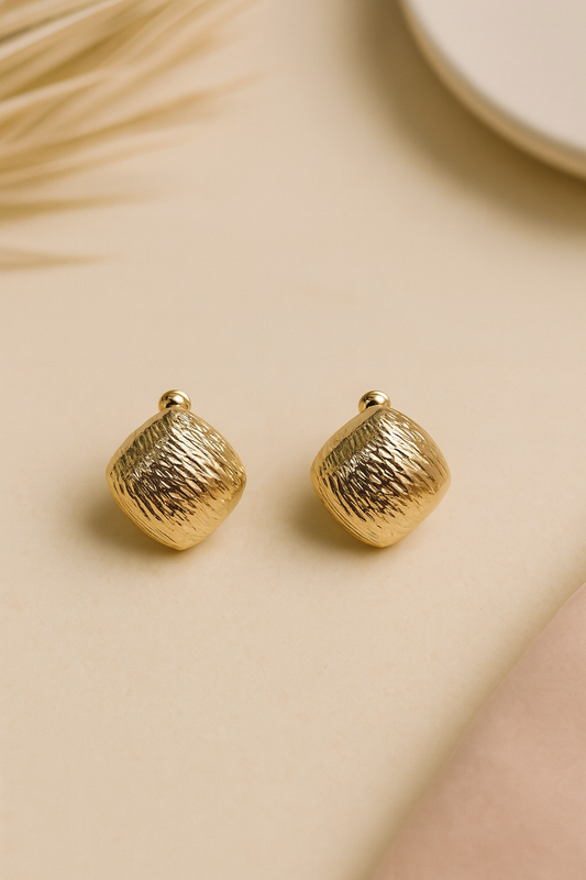 Textured Gold Square Stud Earrings | Hammered Cushion Shape Jewelry | Kurlywurly Store