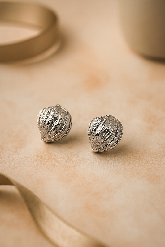 Textured silver dome stud earrings, hammered metallic acorn or shell inspired jewelry for women
