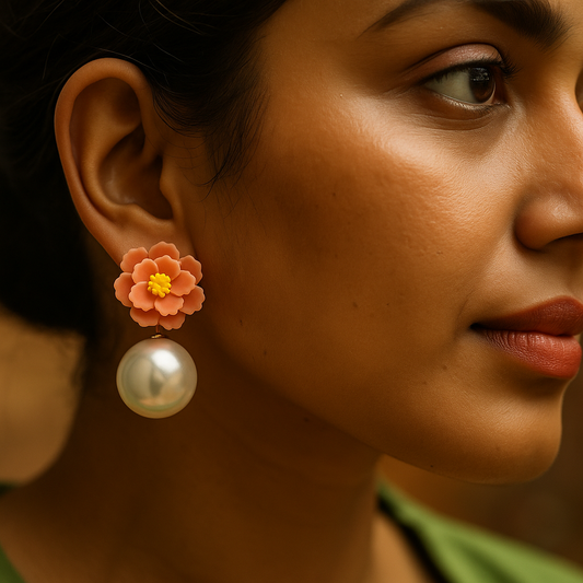 Trendy handmade polymer clay earrings in orange floral design with glossy pearl drops – festive fashion jewelry
