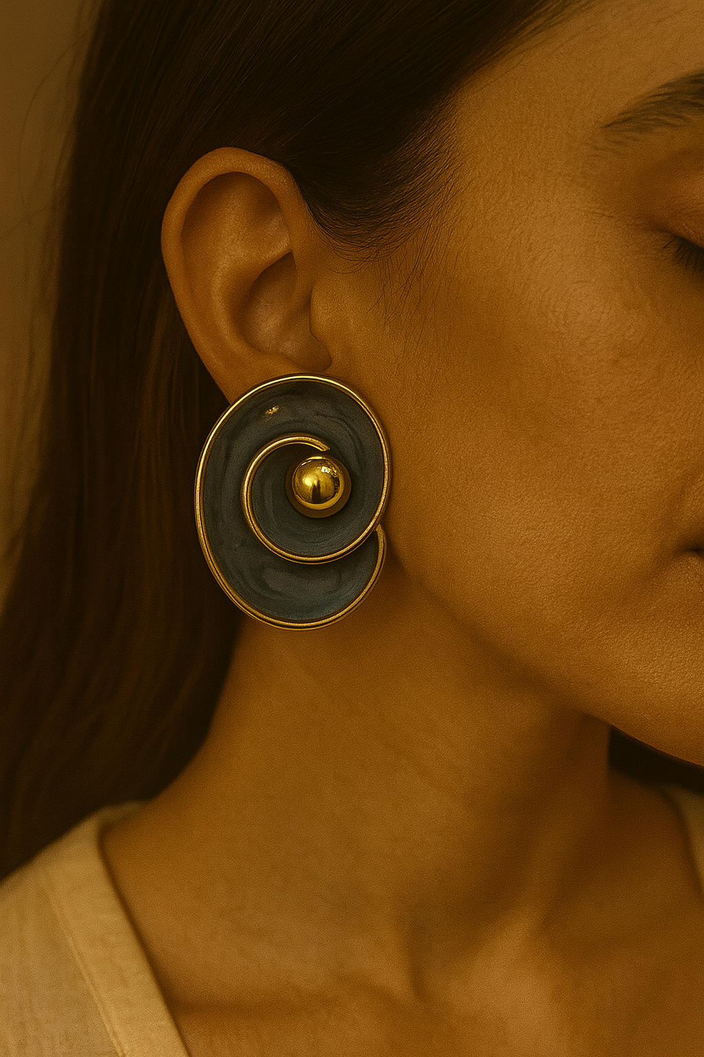 Unique Grey Enamel Gold Ball Accent Stud Earrings