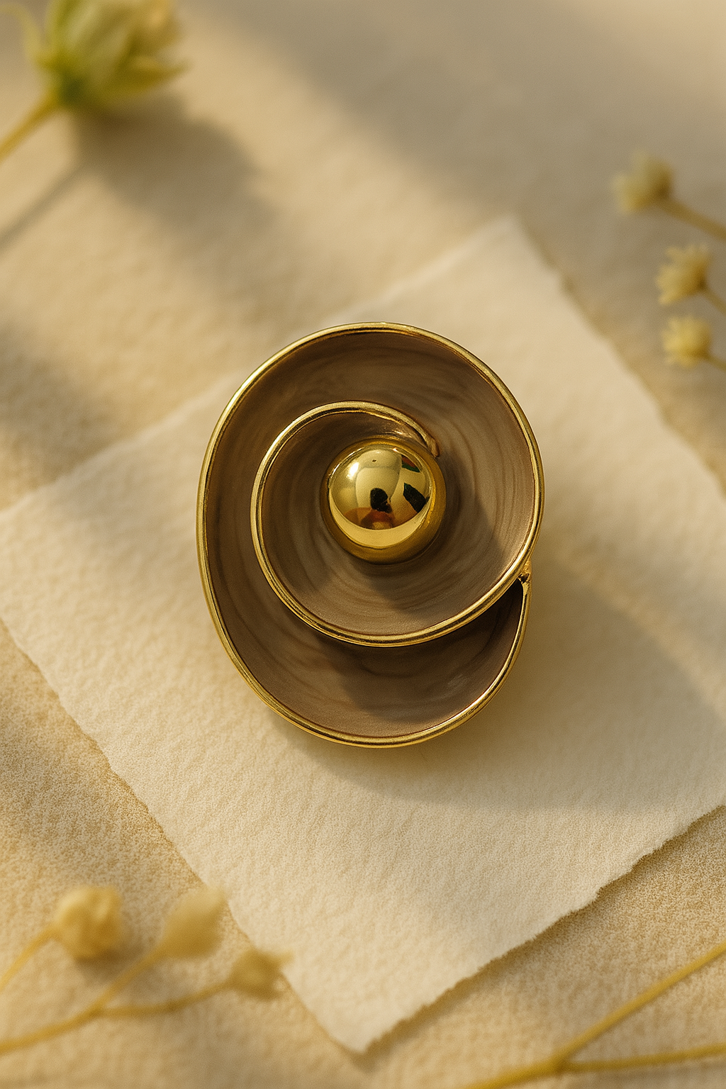 Unique Taupe Enamel Gold Ball Accent Stud Earrings