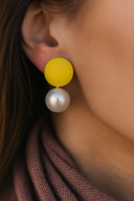 Vibrant yellow round top with white pearl dangle earrings – lightweight statement earrings