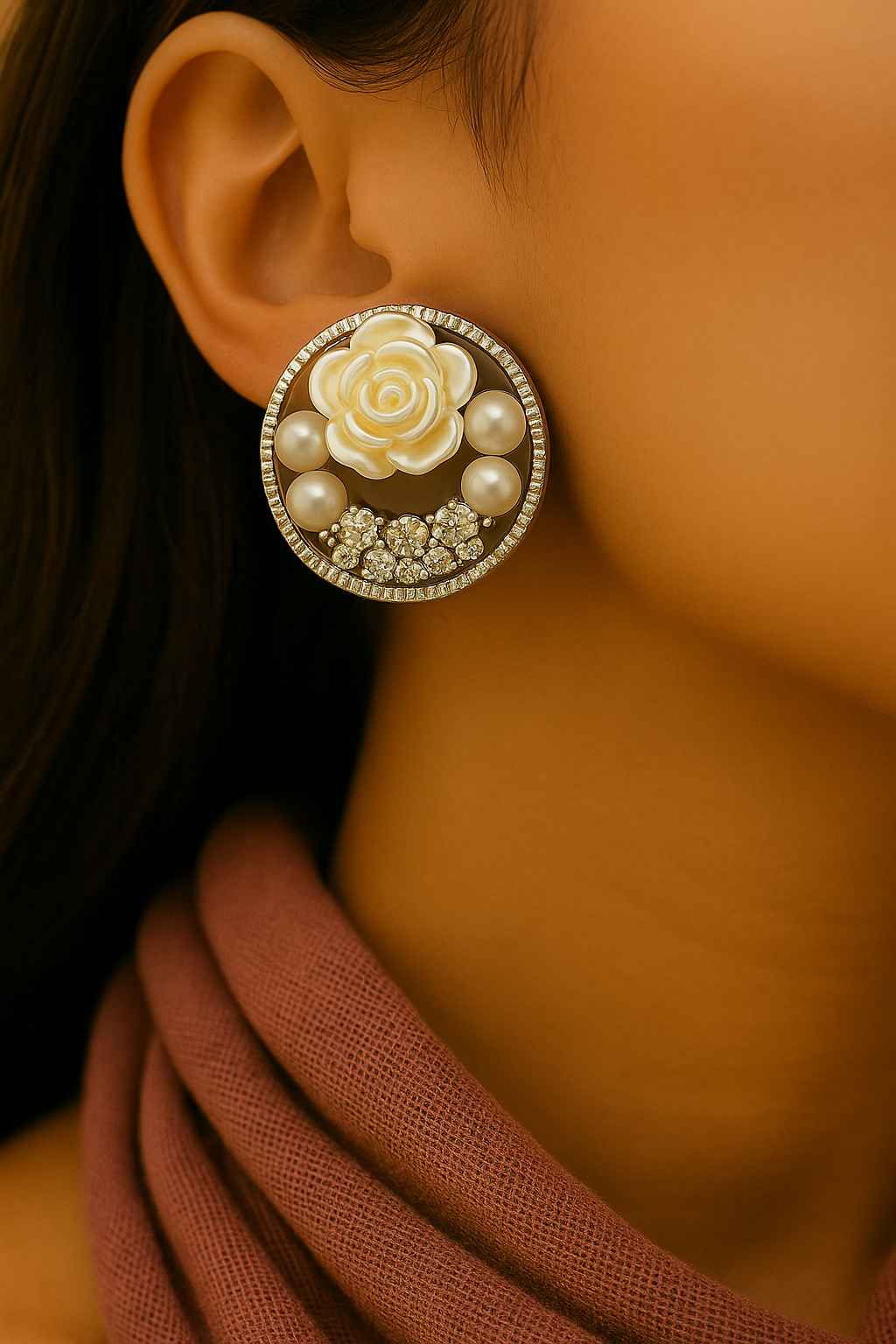 Vintage-inspired handmade earrings with pearl flower design and shimmering crystal detailing