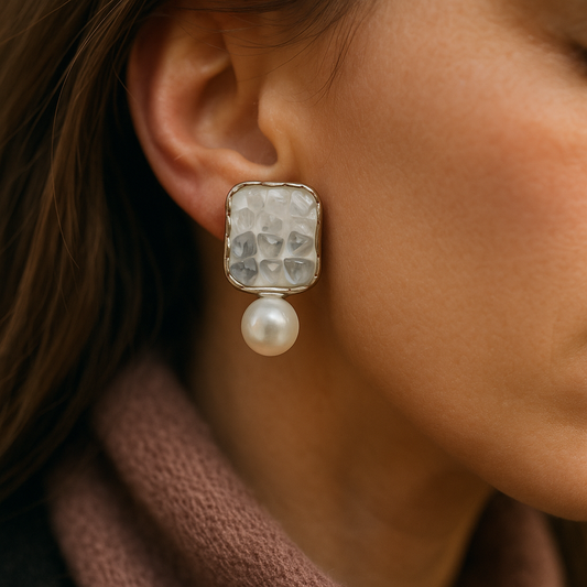 White crystal square earrings with pearl dangler – premium handcrafted jewelry for formal and festive wear