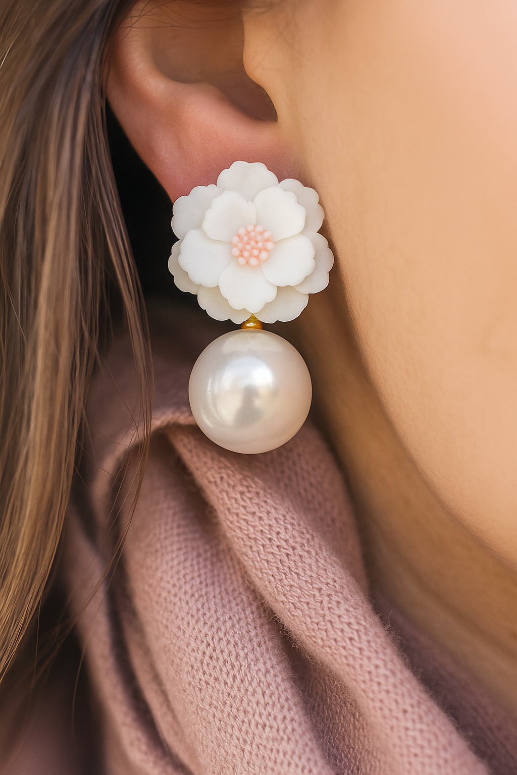 White floral polymer clay earrings with pearl drops – elegant handmade accessories for women