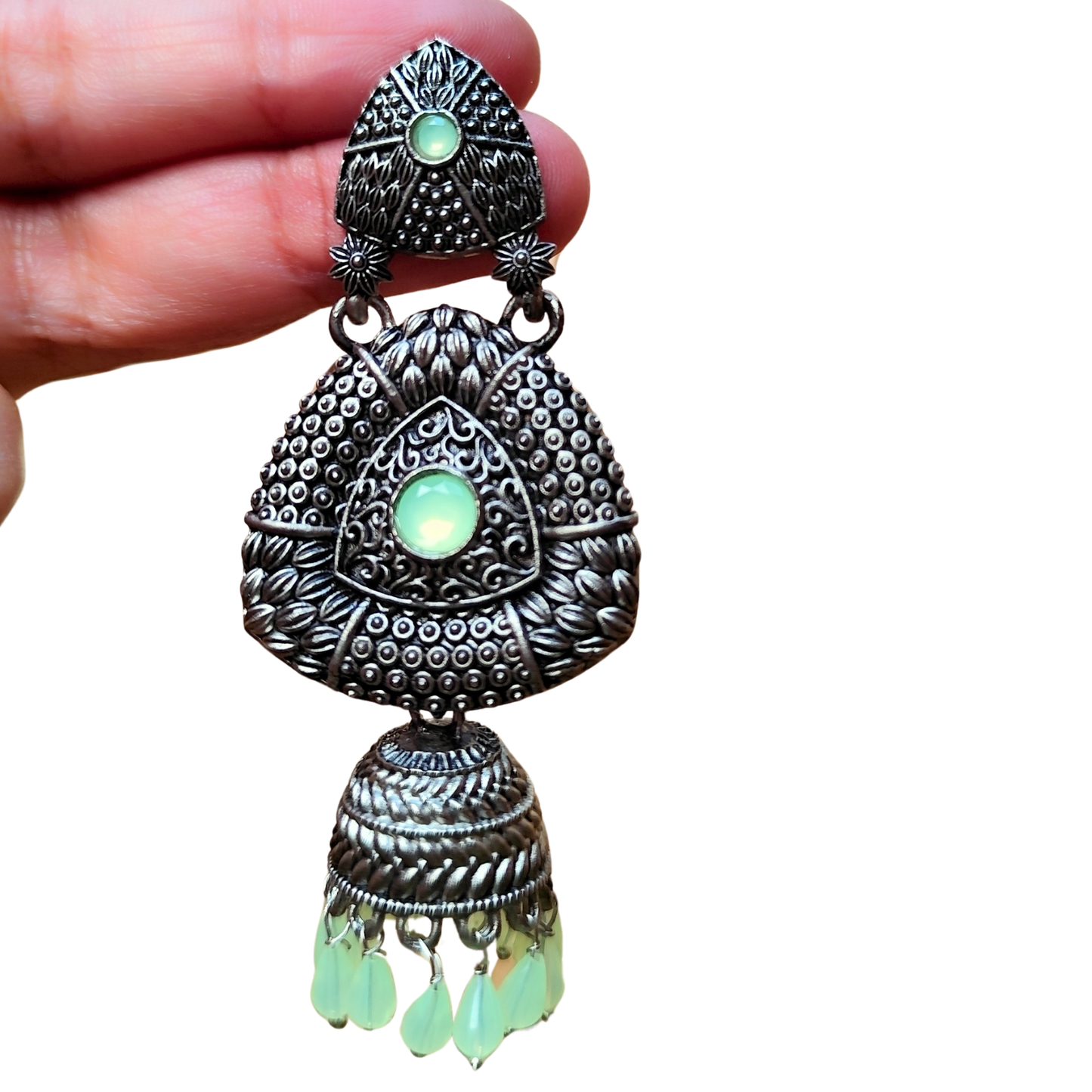 Beautiful Pastel Light Green Gemstone Oxidized Silver-Tone Jhumka Earrings