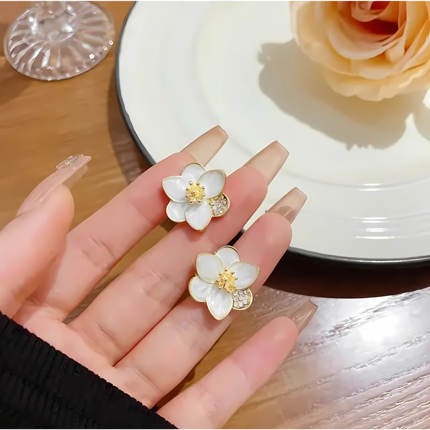 Gold Tone White Petal Flower Crystal Studs