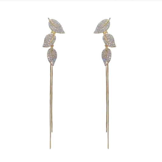 Gold Tone Pave Crystal Leaf Tassels