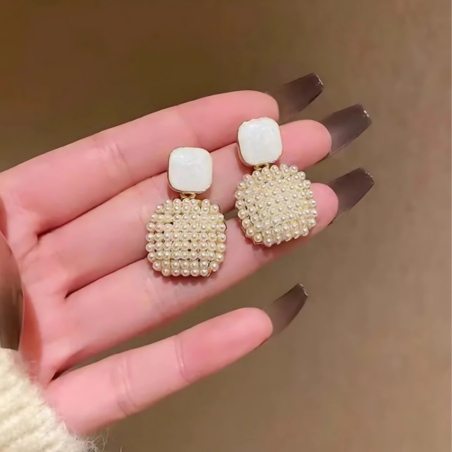 White Top Pearl Cluster Square Earrings