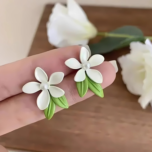 Gold Tone White Gardenia Green Leaf Pearl Studs