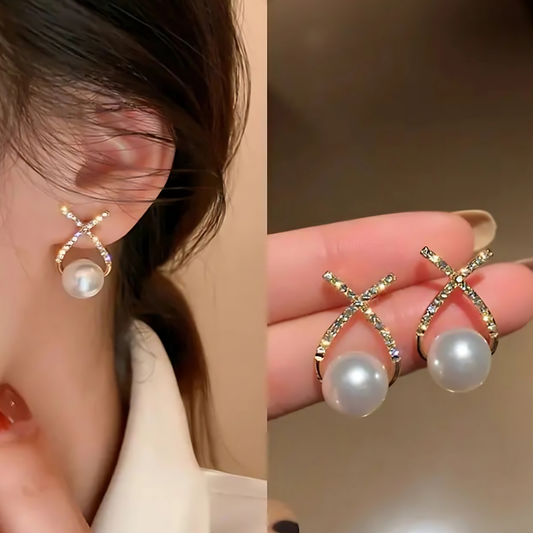 Gold Tone Crystal Accented Pearl Dangles