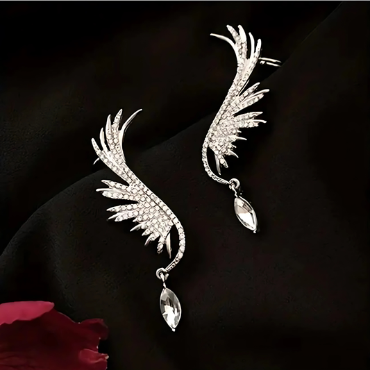 Silver Tone Pave Crystal Wing Ear Climbers