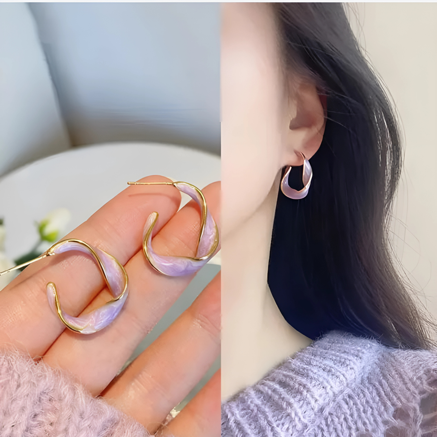 Gold Tone Swirl Purple Hoop Earrings