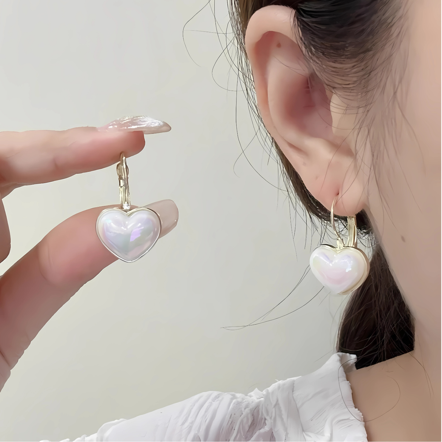 Gold Tone White Iridescent Heart Dangles