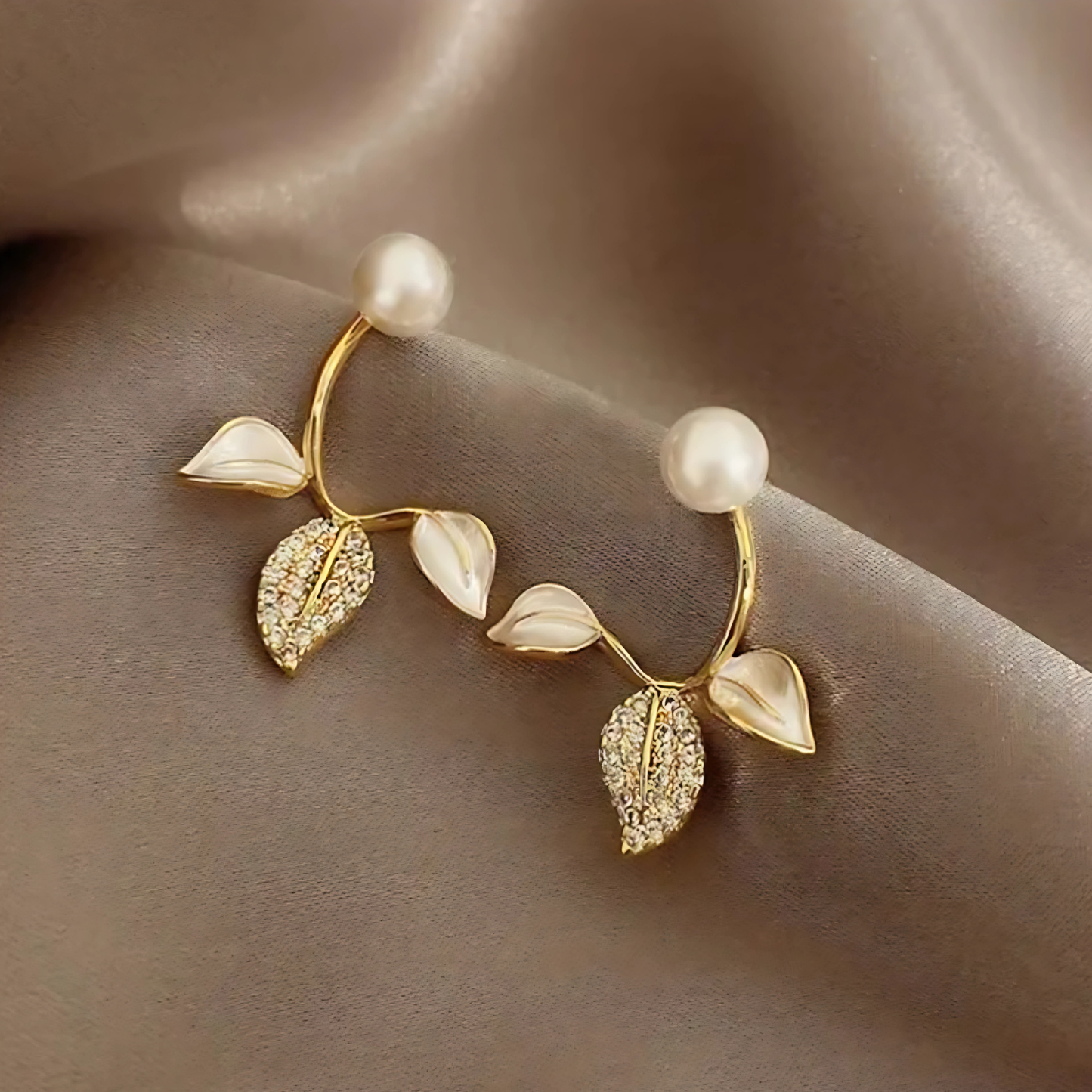Gold Tone Pearl Crystal Leaf Studs