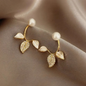 Gold Tone Pearl Crystal Leaf Studs