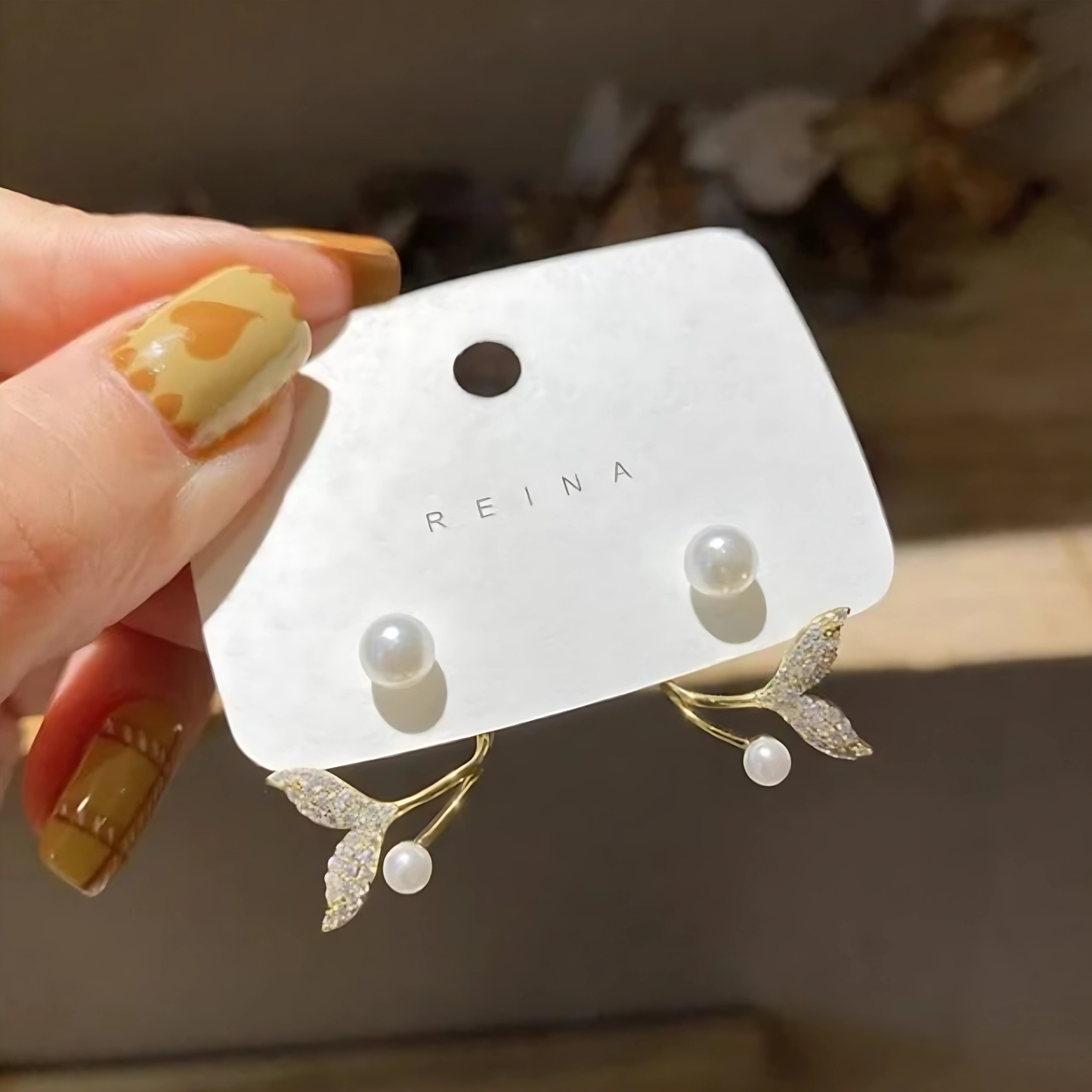 Gold Tone Crystal Mermaid Tail Pearl Studs