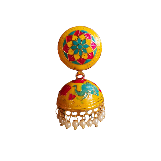 Vibrant Yellow Peacock Meenakari Jhumkas