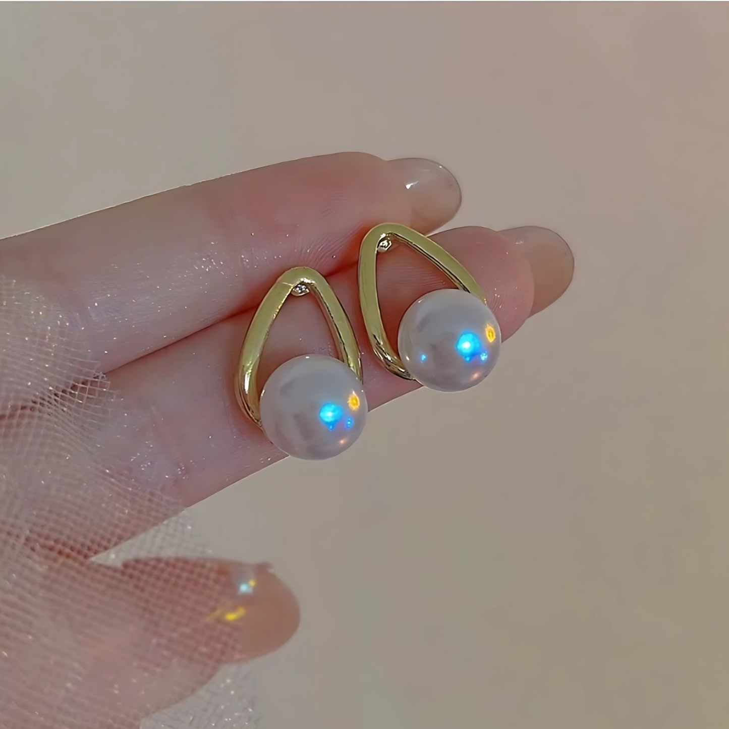 Gold Tone White Iridescent Pearl Studs