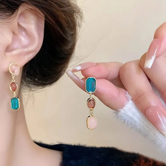 Gold Tone Teal Pink Clear Asymmetrical Gem Dangles