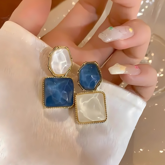 Gold Tone Abstract Blue White Drop Earrings