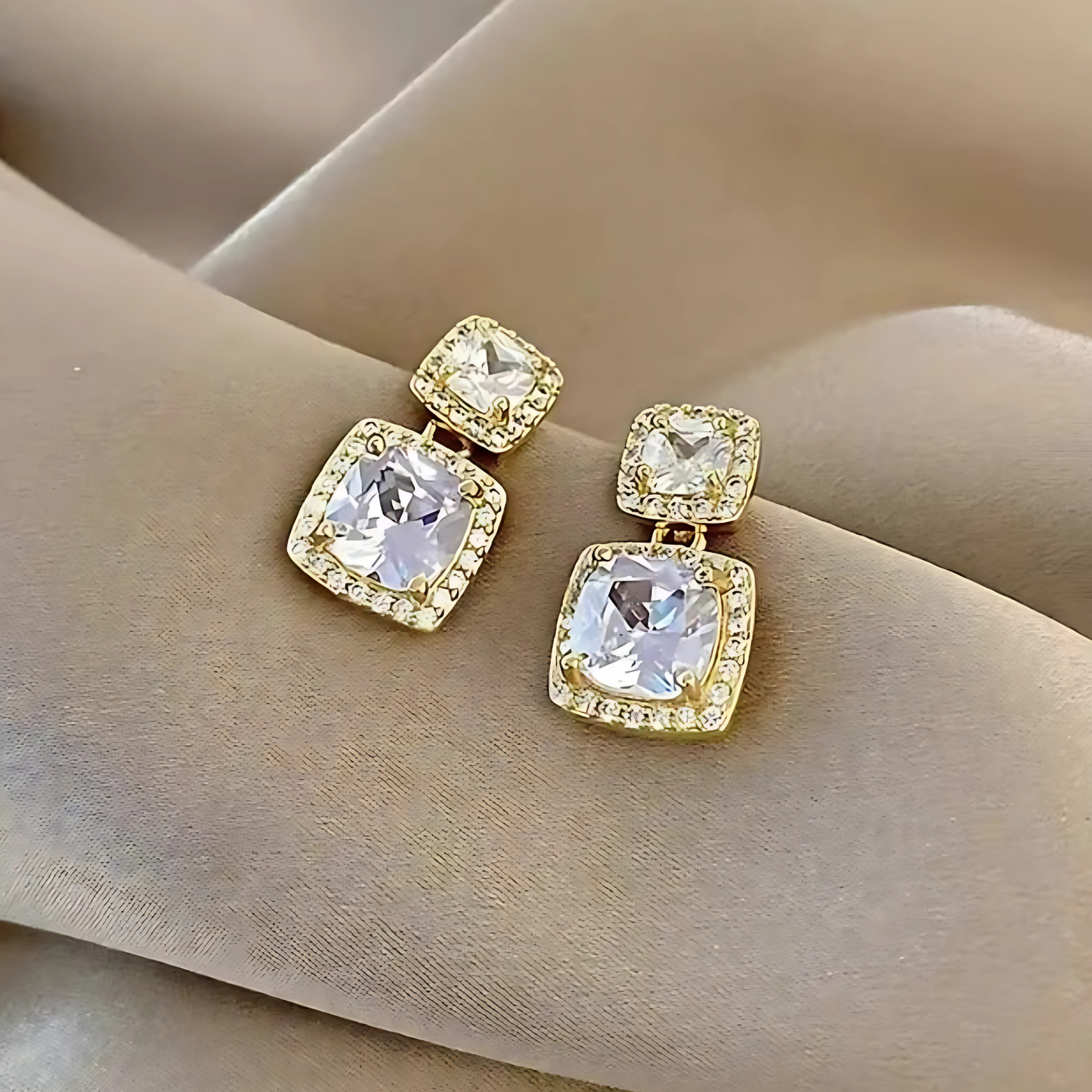 Gold Tone Pave Crystal Square Dangles
