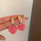 Gold Tone Textured Pink Crystal Heart Dangles