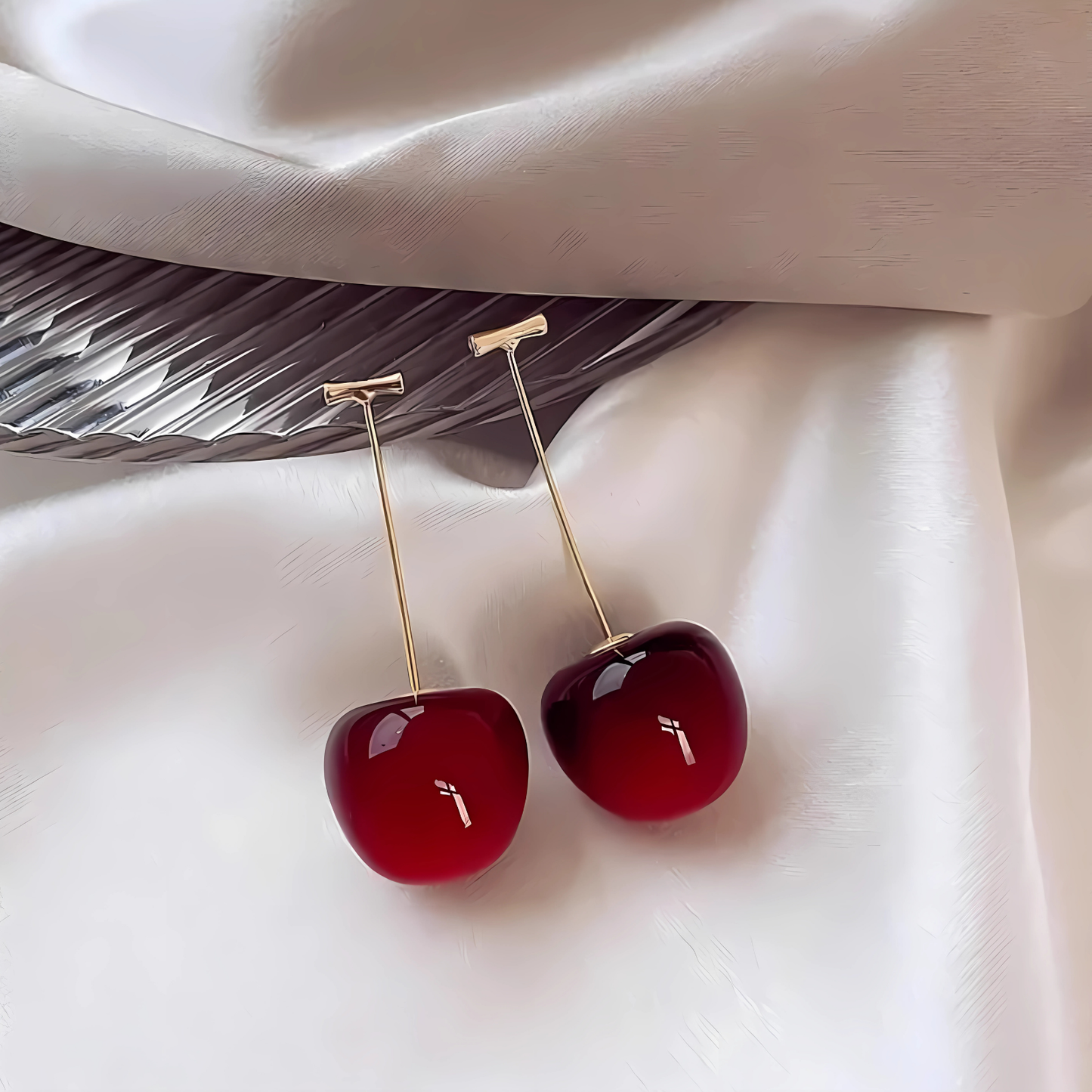 Gold Tone Shiny Red Cherry Dangles