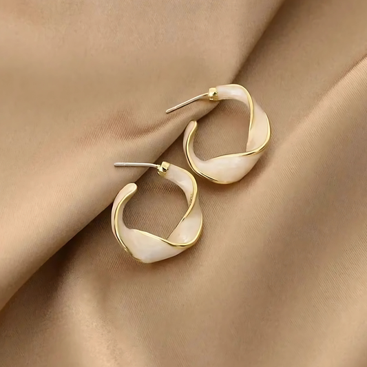 Gold Tone Swirl White Hoop Earrings