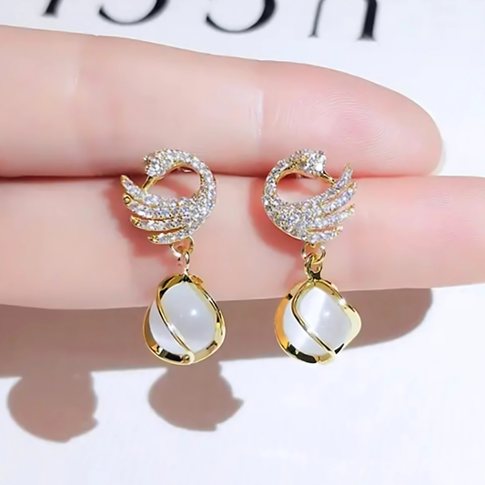 Gold Tone Crystal Swan White Pearl Dangles