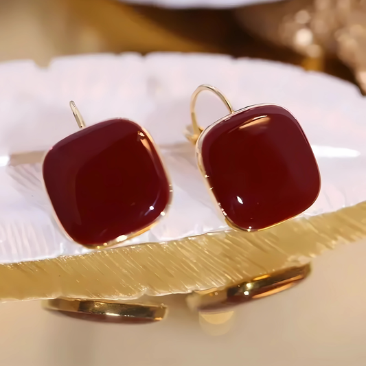 Gold Tone Shiny Red Resin Square Dangles