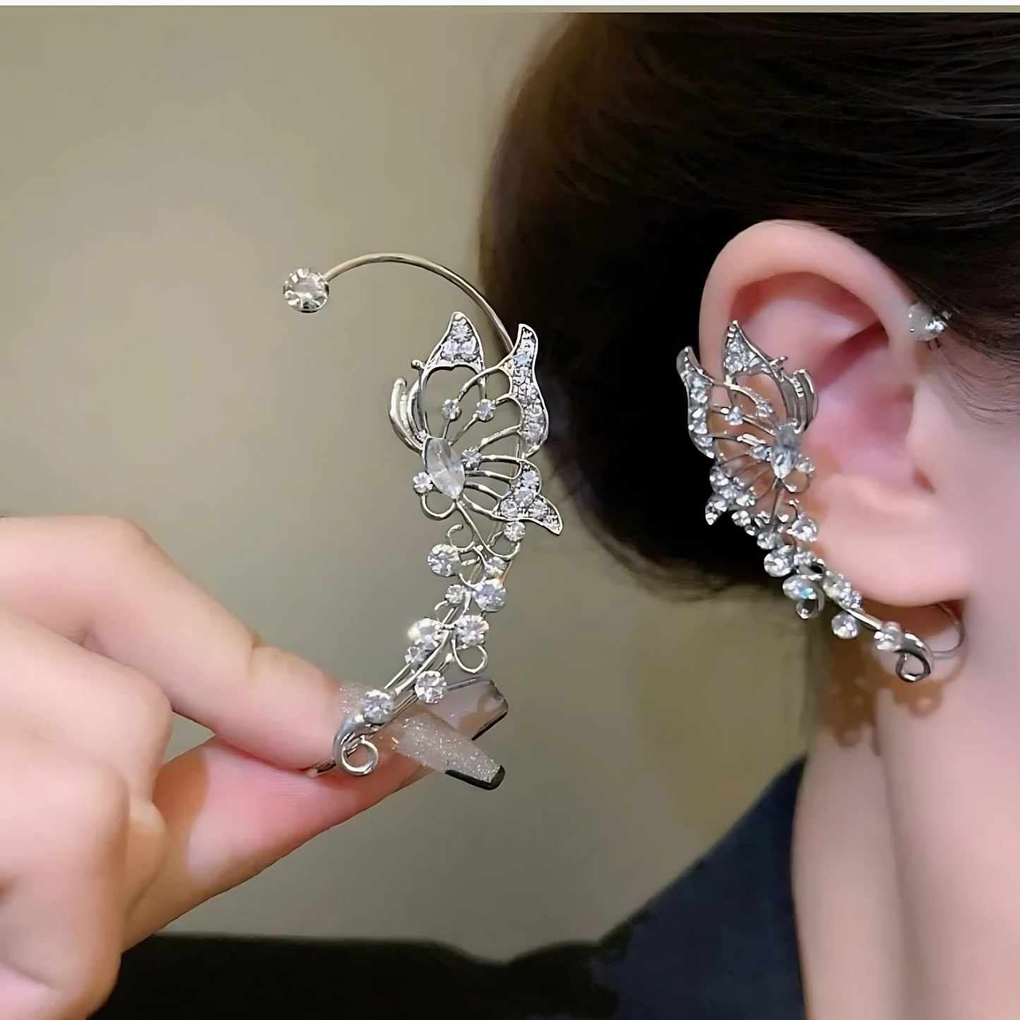 Silver Tone Pave Crystal Butterfly Ear Climbers
