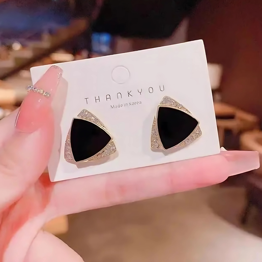 Gold Tone Black Enamel Crystal Triangle Studs