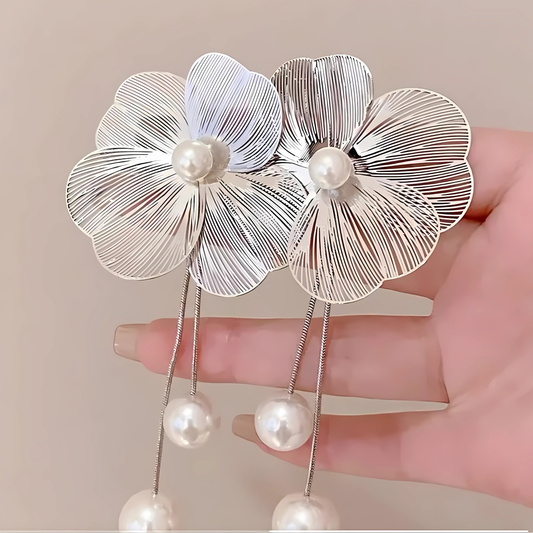Silver Wire Flower Pearl Earrings