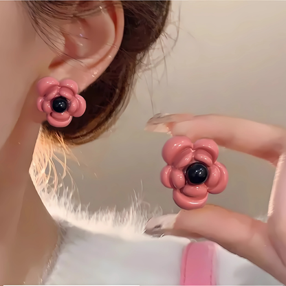Glossy Pink Black Center Flower Studs