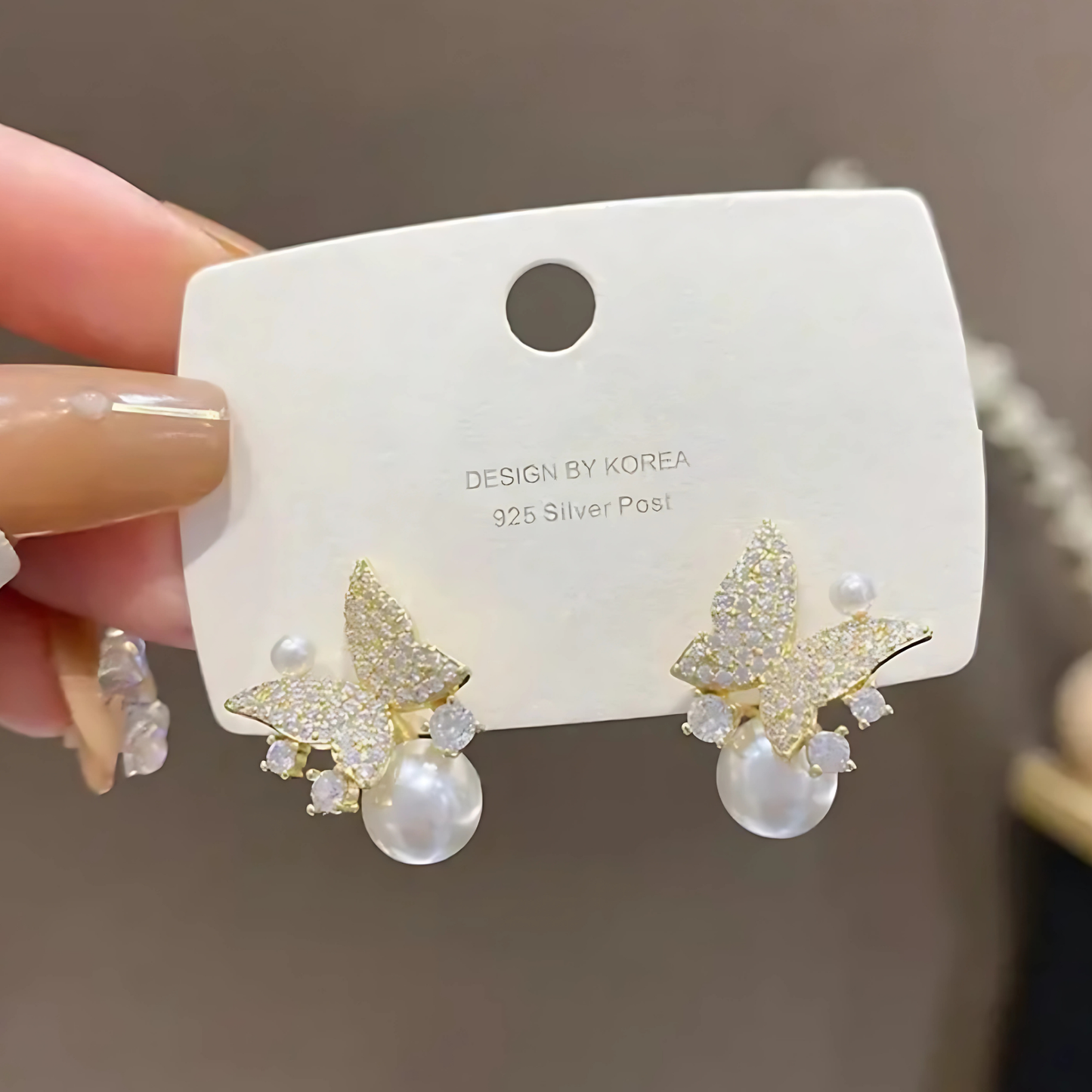 Gold Tone Crystal Butterfly Pearl Studs