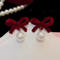 Gold Tone Red Velvet Bow Pearl Dangles