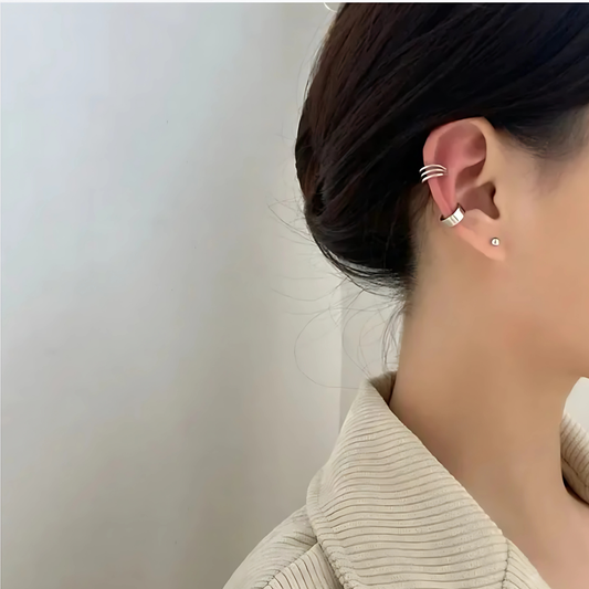 Silver Double Band Ear Cuff Gold Ball Studs
