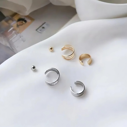 Silver Double Band Ear Cuff Gold Ball Studs