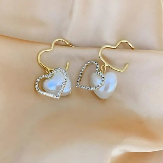 Gold Tone Crystal Heart Pearl Drop Hoops