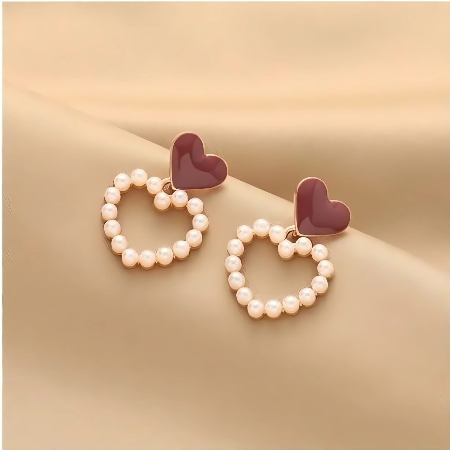 Gold Tone Pearl Heart with Red Heart Studs
