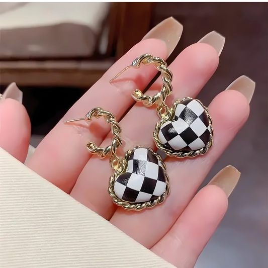 Gold Tone Black and White Check Heart Dangles