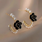 Unique Black Enamel Rose Pearl Hoops